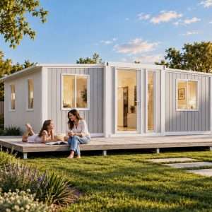 Exterior rendering of the 20ft two-bedroom expandable container home with deck
