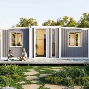 Front exterior rendering with glazed entrance and deck in the 40ft expandable container home