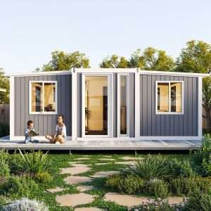 Front exterior rendering with glazed entrance and deck in the 30ft expandable container home