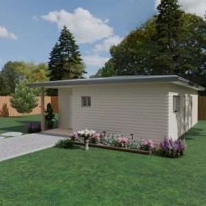 Exterior rendering of The Chateau two-bedroom home with porch and garden