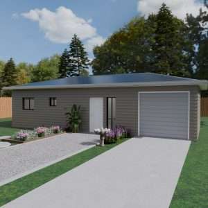 Exterior rendering of The Vista three-bedroom home and driveway